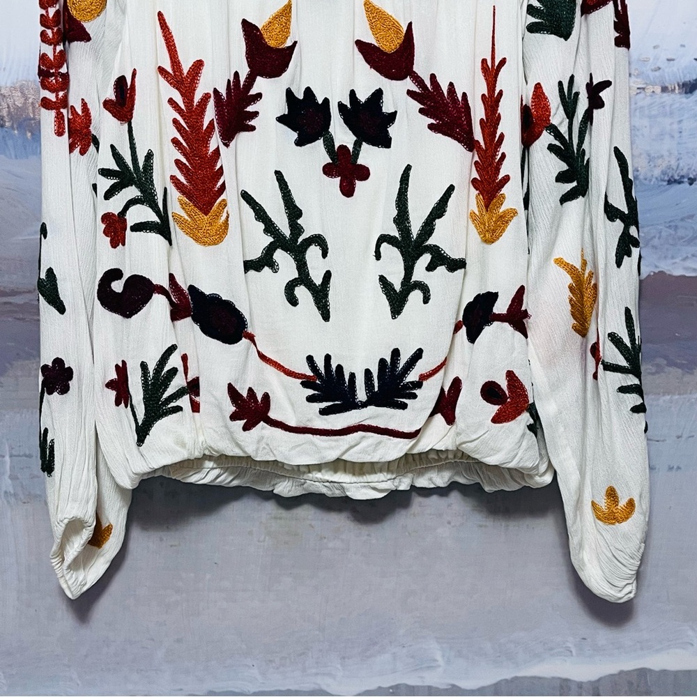 LAURIE FELT Embroidered Boho Blouse Size L Ivory Artsy Floral Balloon Sleeve Top - Picture 9 of 16